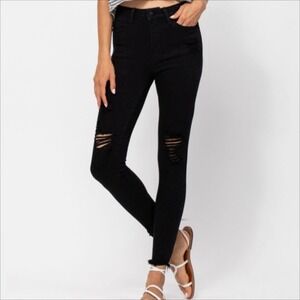 Judy Blue Skinny Fit Black Distressed High Rise Jeans Raw Hem Women's Sz 9/29
